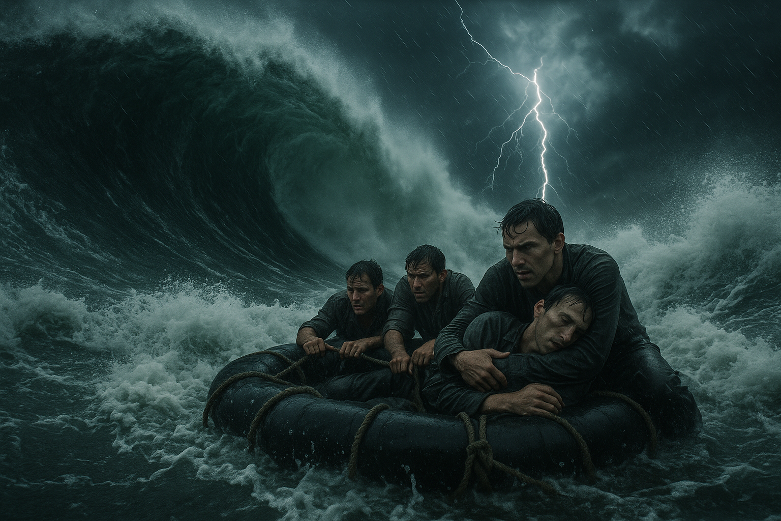 A massive storm hits the raft